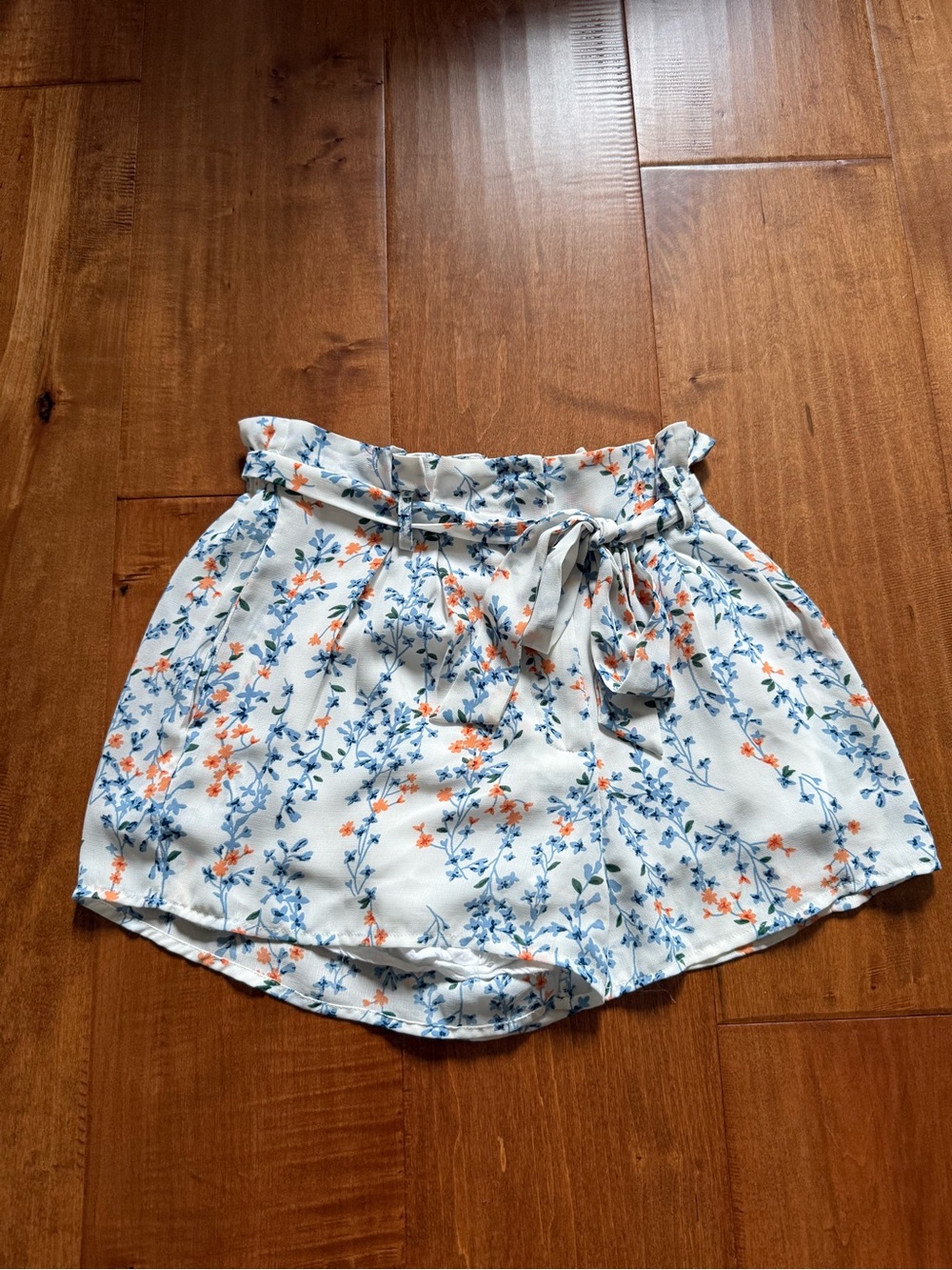 Aqua White Floral Tie-Waist Circle Skater Skirt with Blue & Orange Blossoms